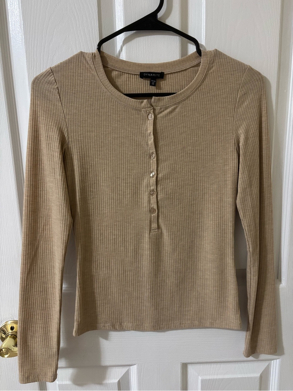 Dynamite Beige Ribbed Henley Long Sleeve Top